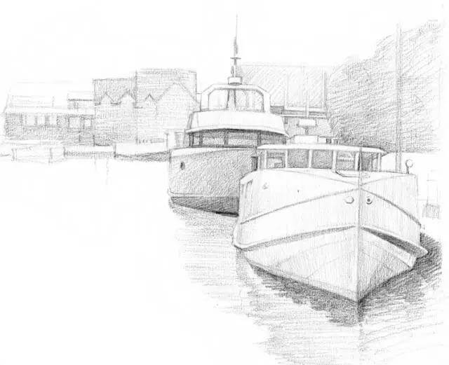 素描风景停泊游艇的码头步骤3